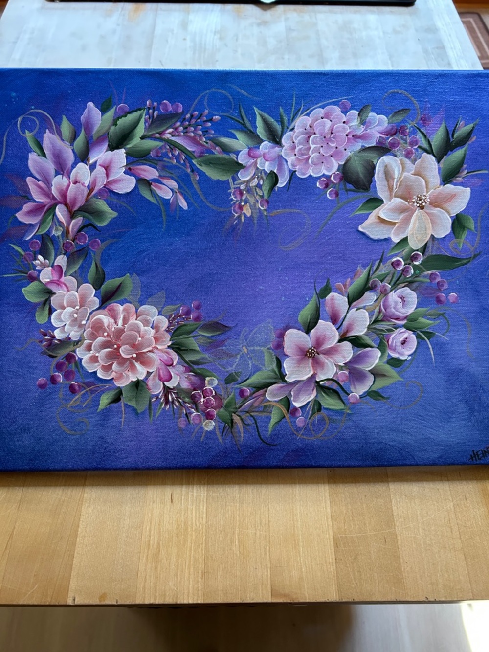 Pink Floral Heart Canvas Wall Art  - hand painted 16x 12